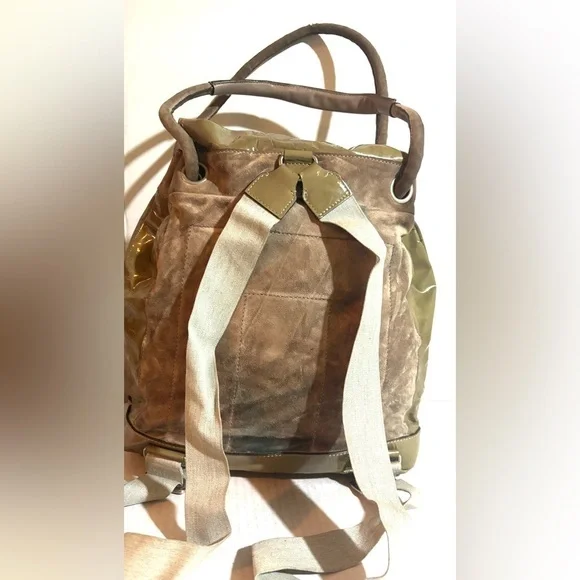 Brunello Cucinelli convertible taupe patent & suede backpack